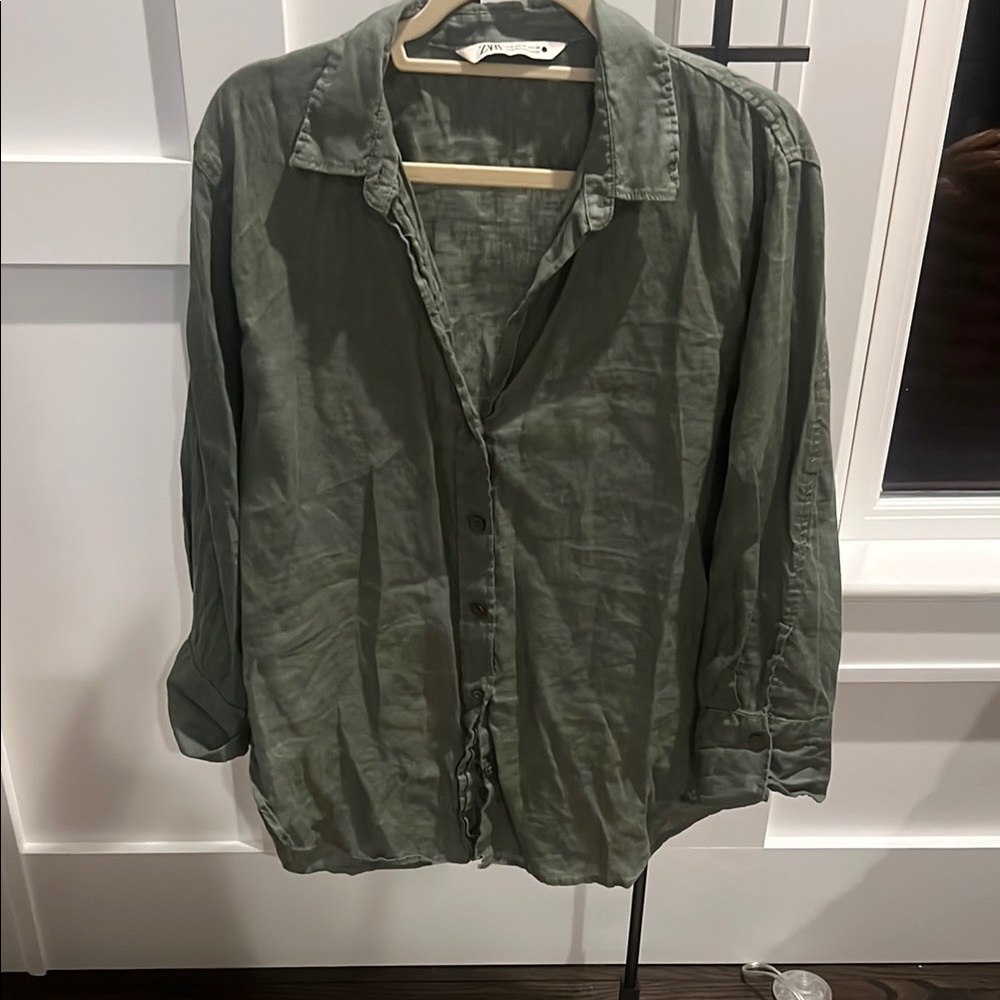 Zara Linen Olive Green Button Down Shirt